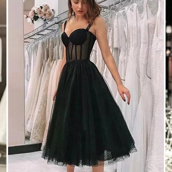 Custom Red Swiss Dot Tulle Corset Bustier Tea Length Gown - Picture 2 of 11